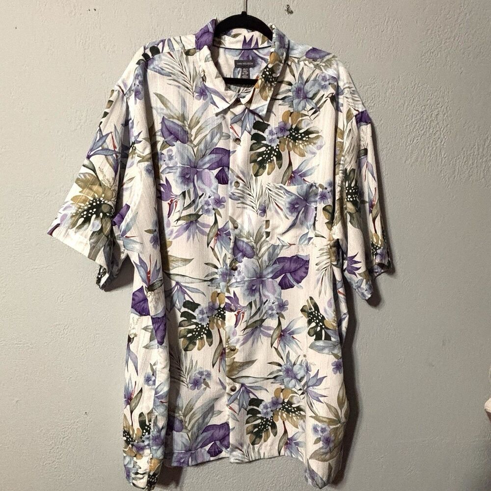Men's 3XLT VAN HEUSEN Summer Tropical Floral Print On White Hawaiian Shirt